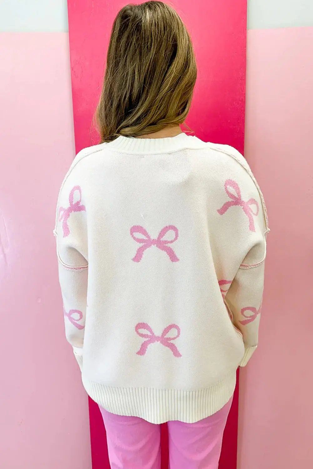 Pink Bow Print Ribbed Trim Drop Shoulder Loose Sweater Dear-Lover Dropshipping